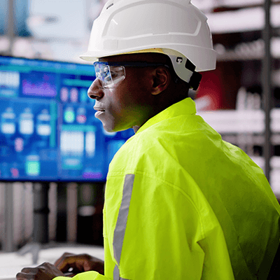 Worker in white hard hat and yellow safety vest viewing blue computer monitors in industrial control room setting.